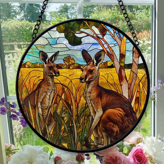 Hanging Stained Glass for Windows Curious Kangaroos - Stained Glass for Windows Curious Kangaroos, Festival Gift Ornament, Year-Round Decorative Piece