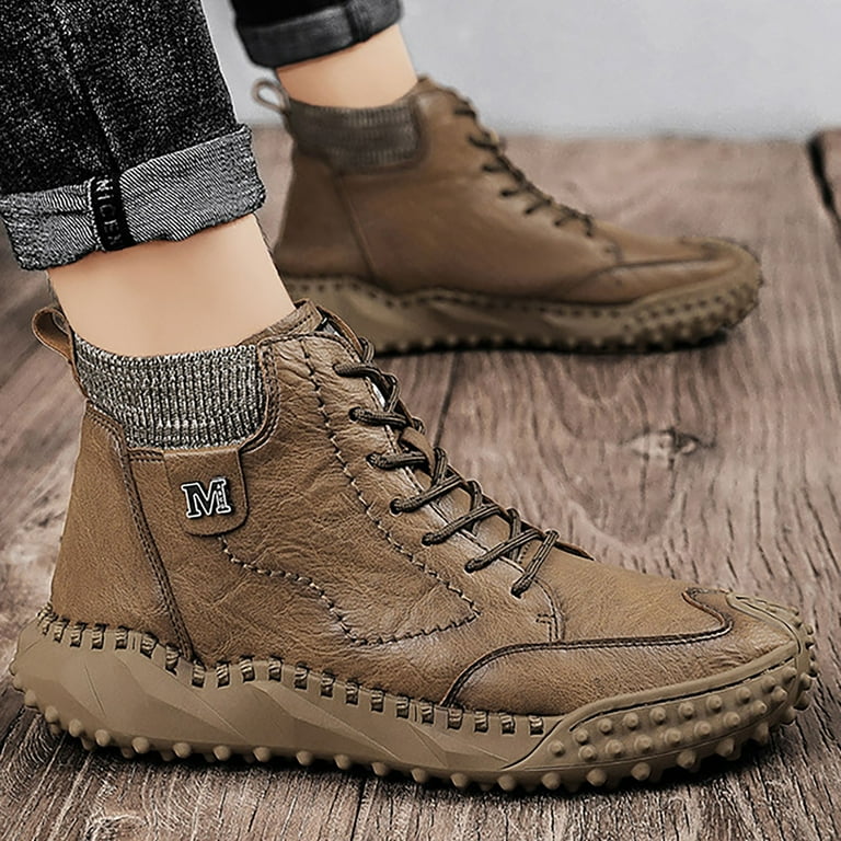 Leather S Boots Men Rain Men Business Casual Formal Dress Ankle Boots Large Pointed English Pullover Heel Leather Boots Hiking Water Proof Boots Slip