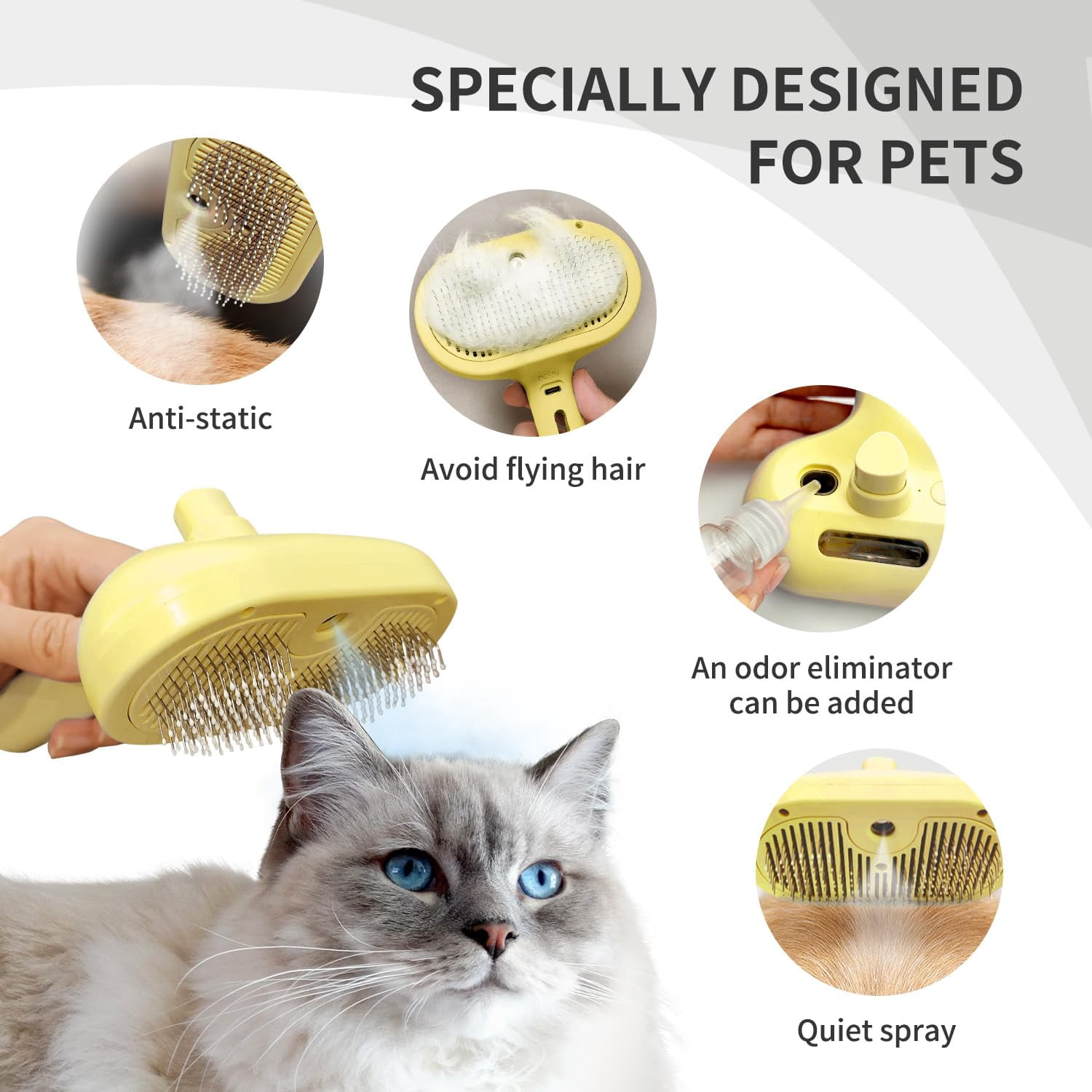 Cat Steam Brush for Shedding, 3-in-1 Self-Cleaning Grooming Comb for Long & Short Hair Cats & Dogs, Type-C Fast Charging (White)
