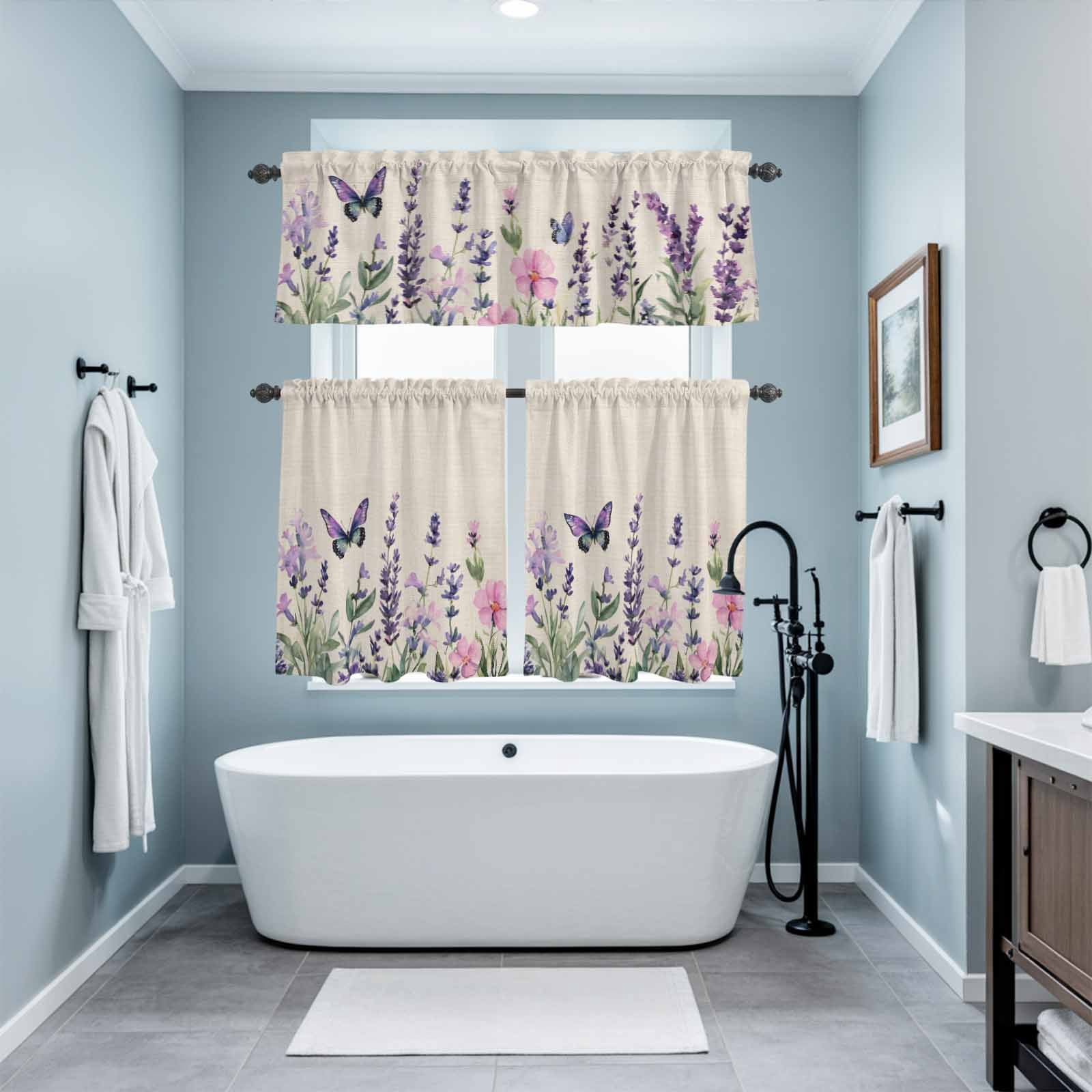 Purple Lavender Butterfly Kitchen Curtains Valances 3 Piece Set, Spring Purple Floral Flower Linen Texture Rod Pocket Tier Curtain and Valance Drapes for Small Window 24 Inch Length for Bedroom Cafe