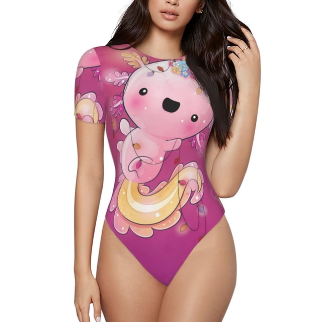 Saiise Mignon Motif Axolotl Rose Grenouillère à Manches Courtes Col Rond Pyjama Extensible avec Fermeture à Pression-TG