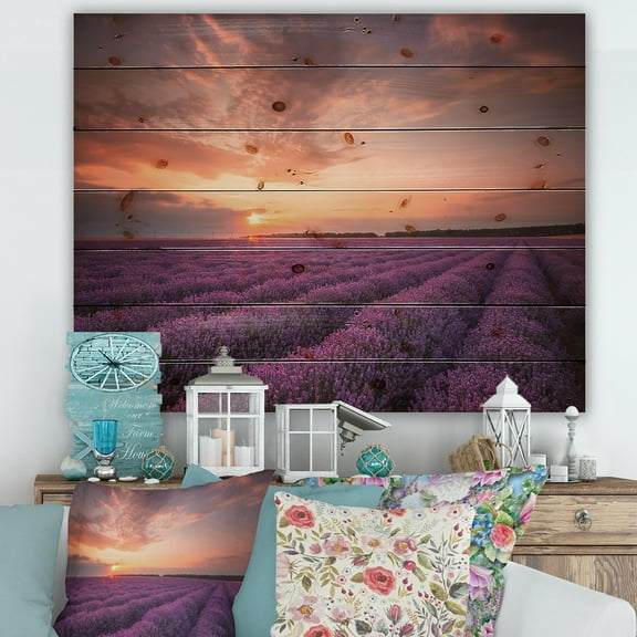 Designart 'Dramatic Clouds and Sunrise Over Lavender Field XII' Farmhouse Print on Natural Pine Wood