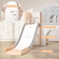 thumbnail image 2 of 8 in 1 Toddler Slide Indoor Playground, Indoor Slide Toddler Playset for Toddlers 4+, Kids Outdoor Playground with Basketball Hoop, Climber, Crawling Tunnel, Telescope, Toy Storage(Pink+Grey), 2 of 9