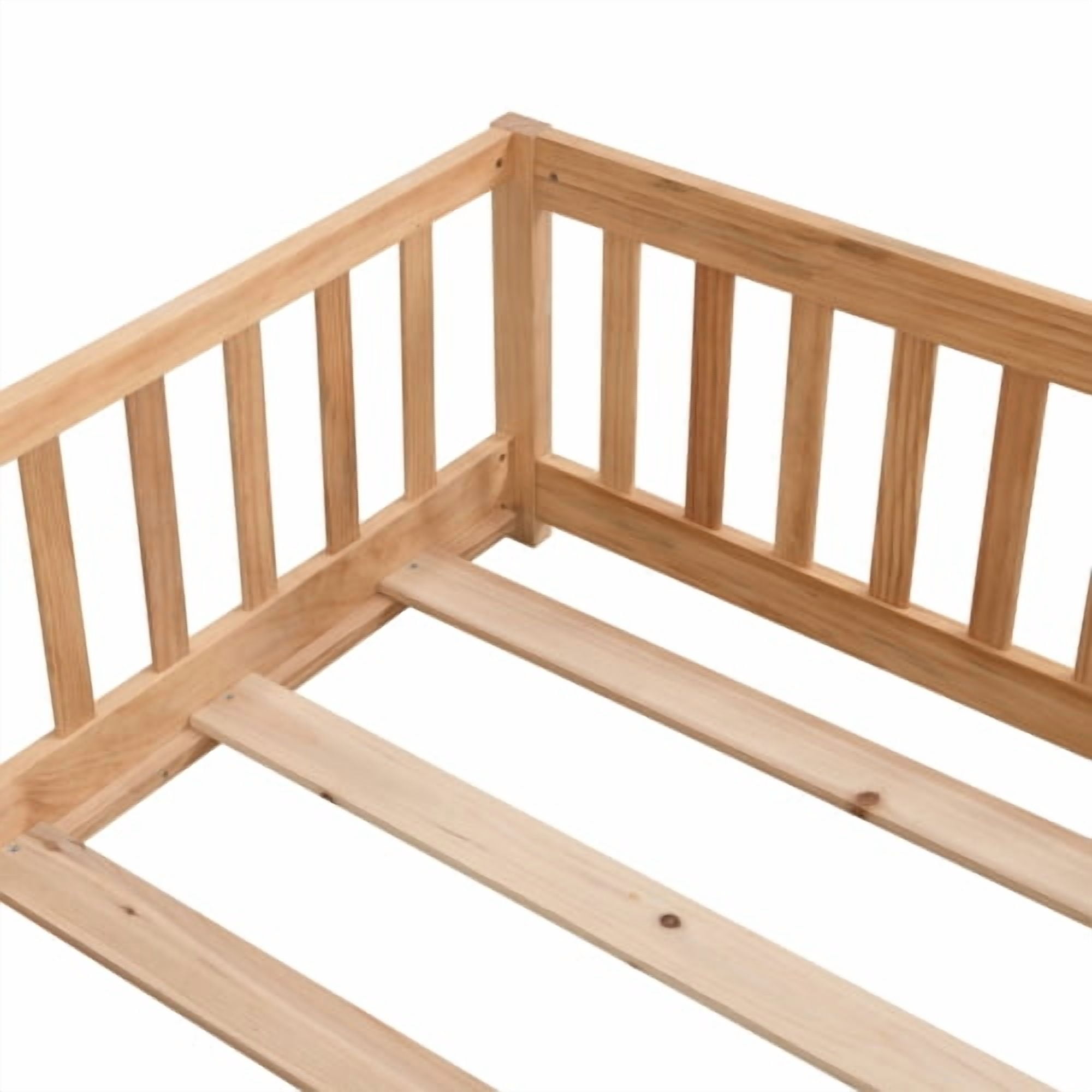 full Size Floor Bed with Door,Solid Wood Platform Bed Frame with Fence,Suitable for children,Pine Wood,Natural