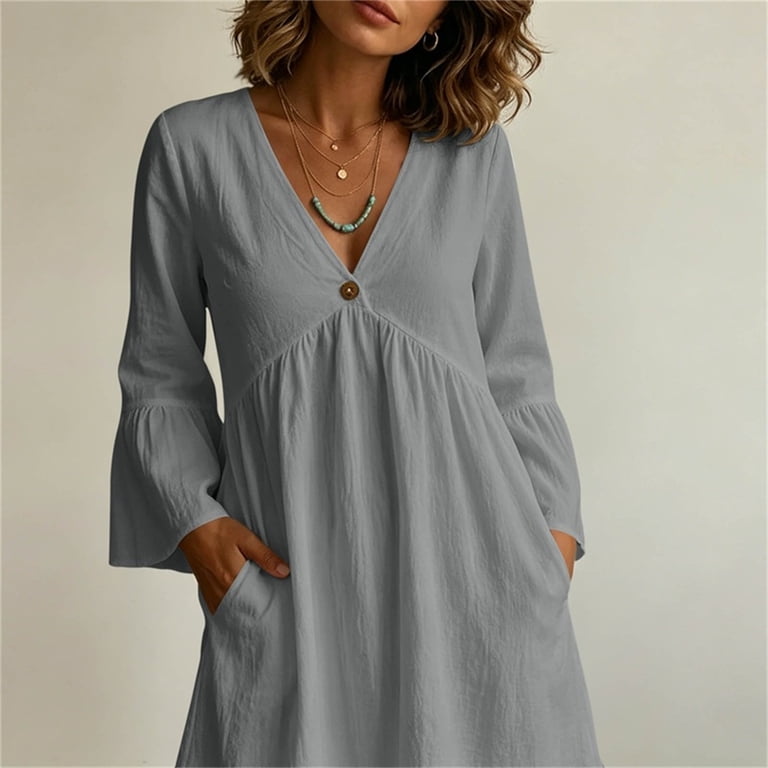 empire waist bell sleeve dress Bosfbaoi Dresses for Women V Neck Single Button 3/4 Flare Mini Tunic with Side Pockets, Women's, Size: Small, Gray Elegant V-Neck Long Sleeve product_status:Markdowns * Dry clean or Color:Dark Green as pic Long sleeve