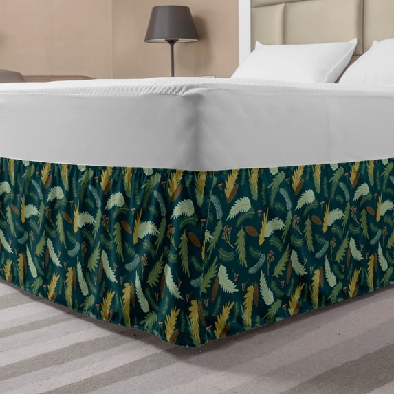 Floral Bed Skirt, Pattern of Christmas Tree Ornamental Plants, Elastic Bedskirt Dust Ruffle Wrap Around for Bedding Decor, 4 Sizes, Hunter Green Multicolor, by Ambesonne