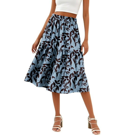 Yucgh Women's Floral Print A-line Midi Skirt with Pockets, High Waist Casual Skirt, Drawstring Waist Summer Skirt,Blue,L