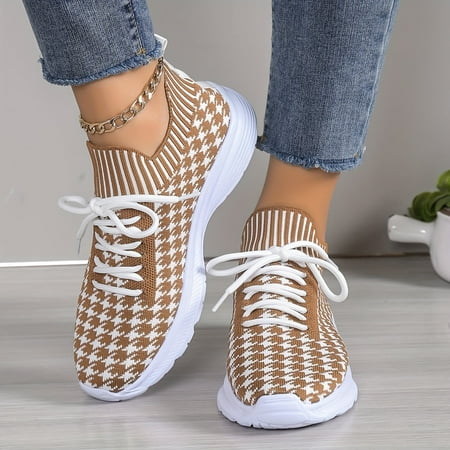 

Women s Houndstooth Pattern Lace-up Sports Sneakers With High-top Breathable & Lightweight Outdoor Mesh Sneakers Casual Running Shoes
