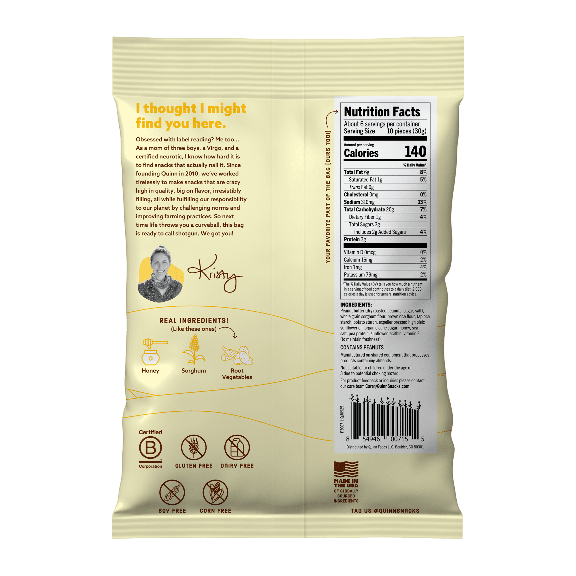 (3 pack) Quinn Gluten Free Peanut Butter & Honey Filled Pretzel Sticks, 6 oz