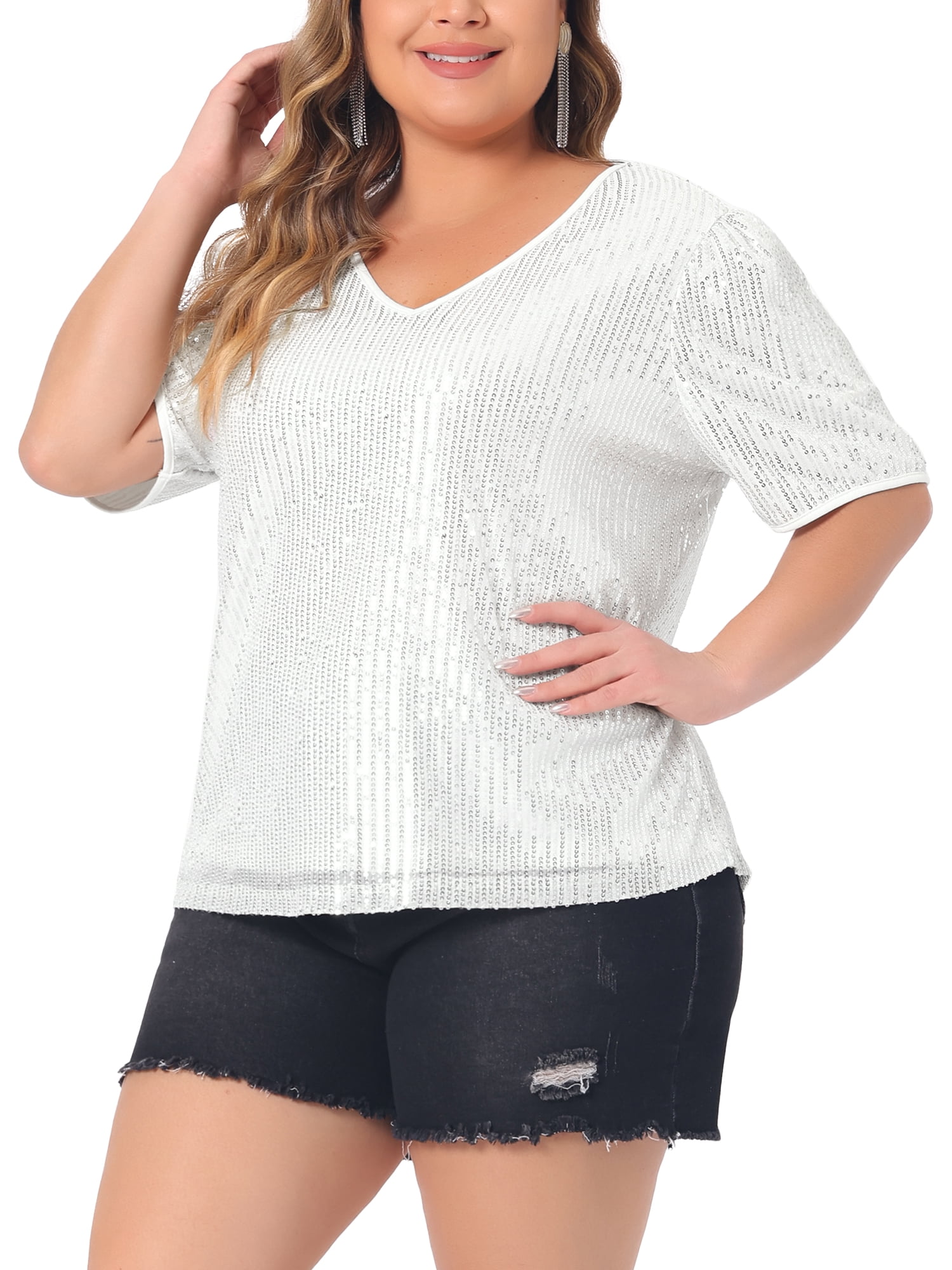 DARING DIVA Women's Plus Sparkly V Neck Short Sleeve Party Tops Blouses 3X Silver