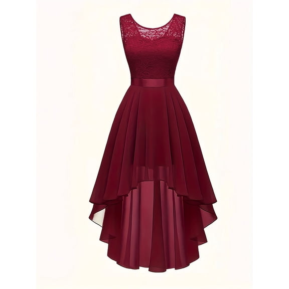 Women Lace Sleeveless High Waist Asymmetrical Hi-Lo Chiffon Party Evening Dress