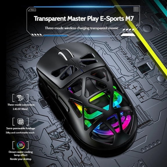 RGB Glowing Transparent Lightweight Wireless Bluetooth Tri-mode Esport Mouse Ergonomics Hollow out Mause For PC Laptop Computer
