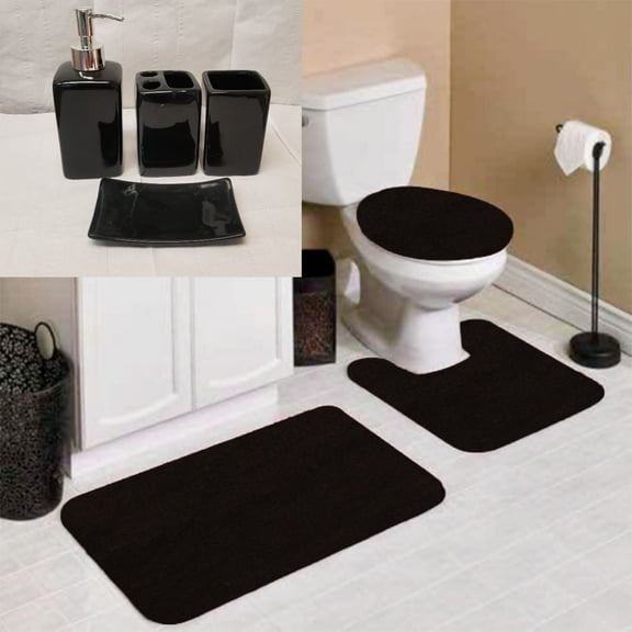 Non Slip Mat Rug for bathroom Black Color #6 Ultra Soft Chenille 1 Mat ,1 Contour Mat, 1 Lid Cover Plus 4pc Ceramic Accessories