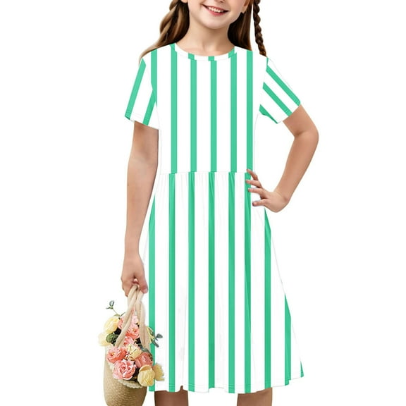 Girls Dresses 4-14Y Teens Kids Trendy Short Sleeve Crewneck Stripe Printed Pleated Pullover Going-Out Beach A-Line Midi Dress