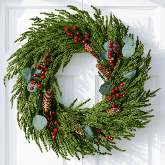 Christmas Decorations - 24 inch Artificial Norfolk Pine Christmas Wreath with Pine Cones, Eucalyptus, and Red Berries Perfect for Front Door - Indoor Outdoor Holiday Decor for Mantle, Wall, Window