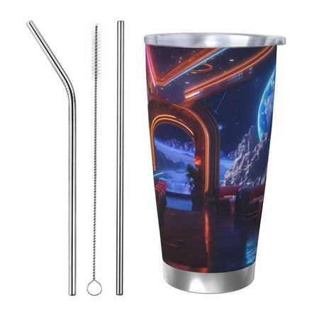 

Uemuo Futuristic Bar Space View Print Travel Coffee Mug 20oz Double-walled Car Cup Stainless Steel Insulated Tumbler Leak-proof Travel Cup Reusable Straw Car Cup-Straw Three-piece Set