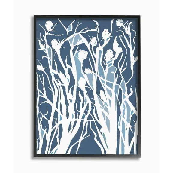 Stupell Industries Abstract Botanical Plant Silhouette Blue White Design Framed Wall Art Design by Lori Dubois, 16" x 20", Black Framed