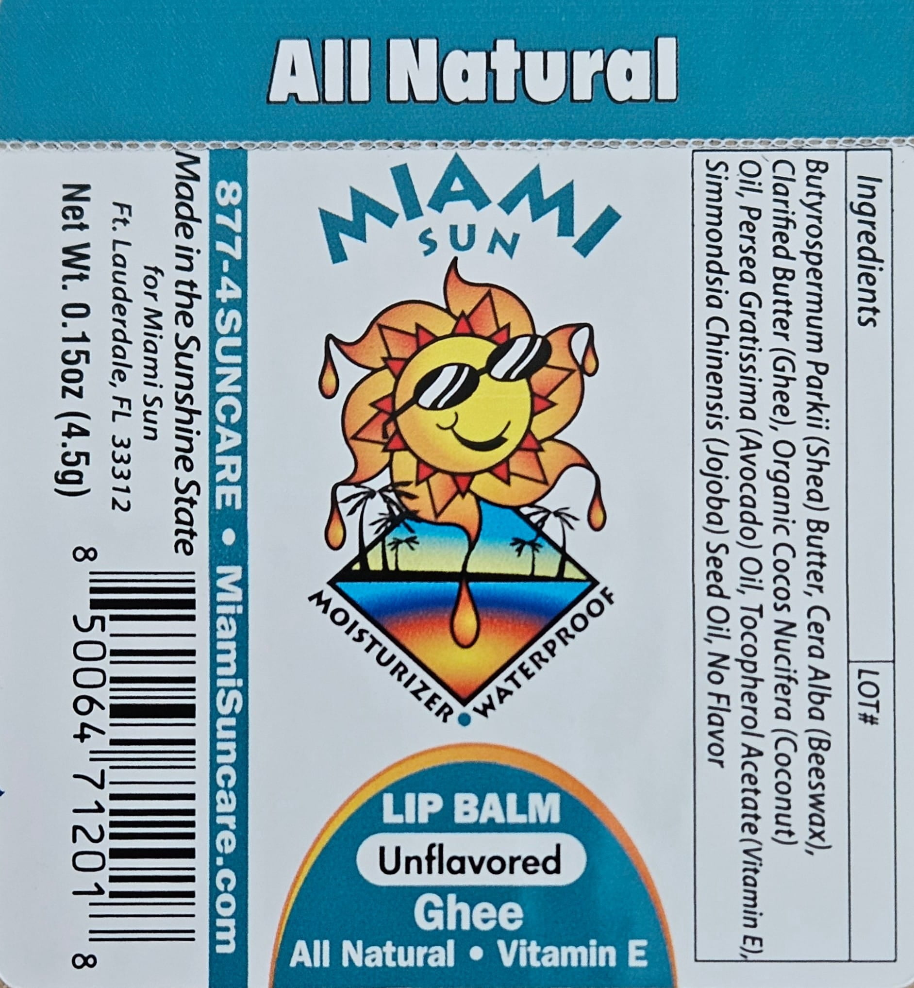 Miami Sun Natural Lip Balm – Unflavored – Moisturizing & Hydrating Lip Care with Ghee, Jojoba & Avocado Oils (12 pcs)