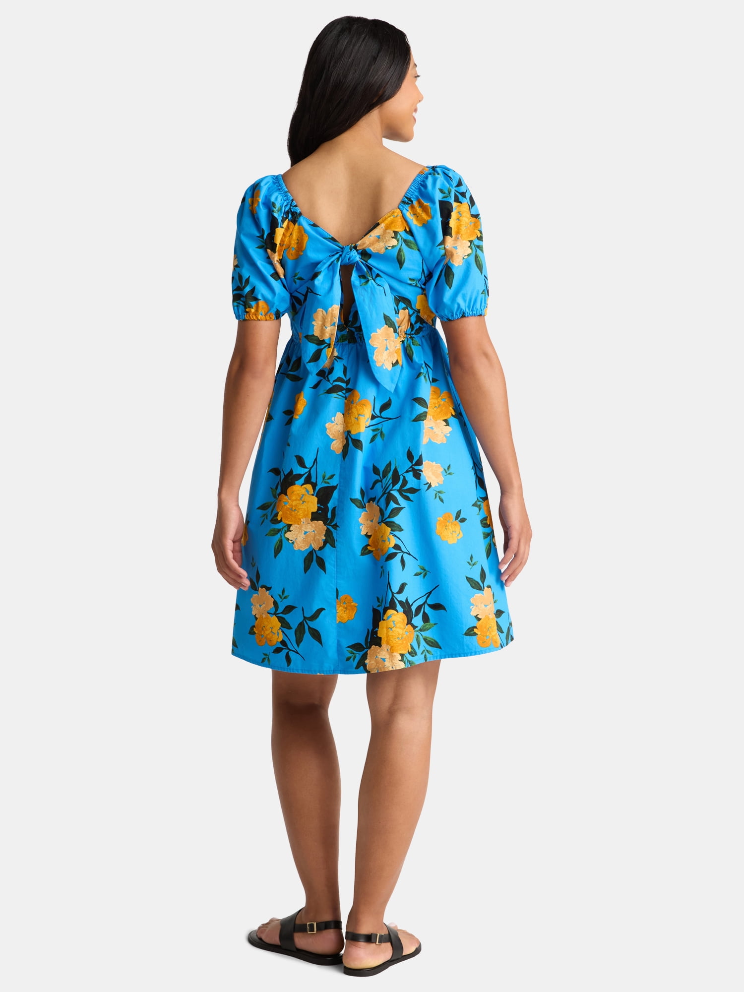 Time and Tru Women's and Women's Plus Tie Back Mini Dress with Puff Sleeves, Sizes XS-4X