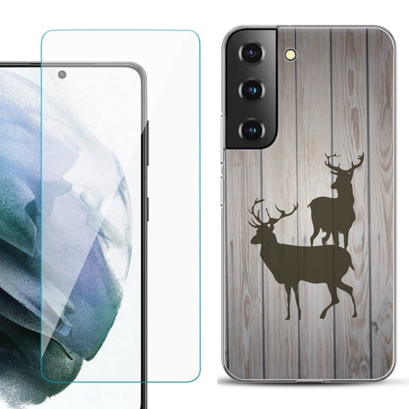 Slim-Fit TPU Fashion Phone Case for Samsung Galaxy S22 5G, with Tempered Glass Screen Protector, by OneToughShield ® - Wood/Deer