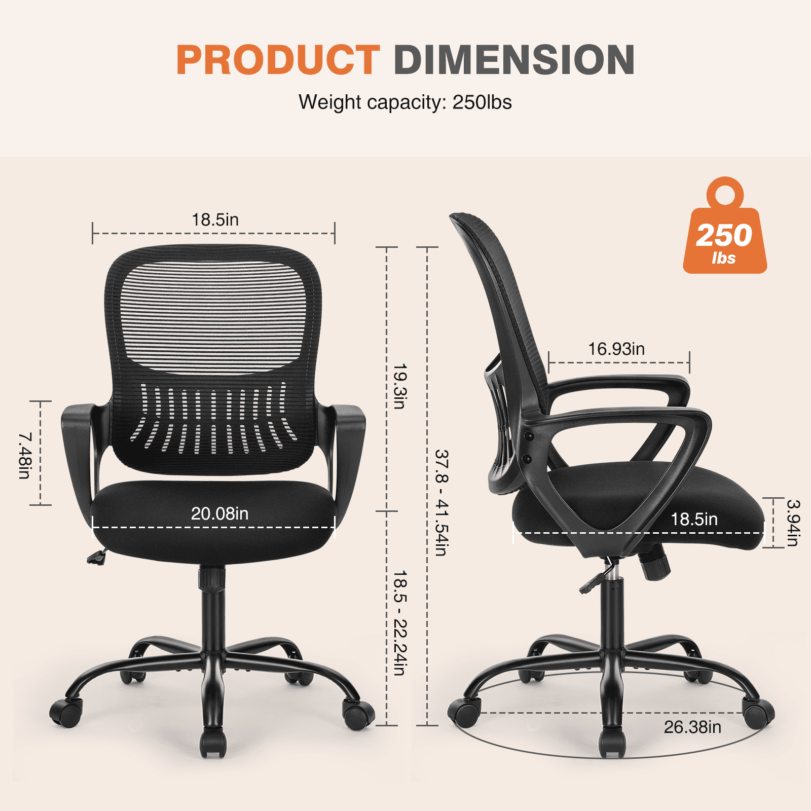 MAYEERTY Ergonomic Office Chair for Standing Desk with Adjustable Height, Computer Desk Chairs, Fixed Handrail , Black