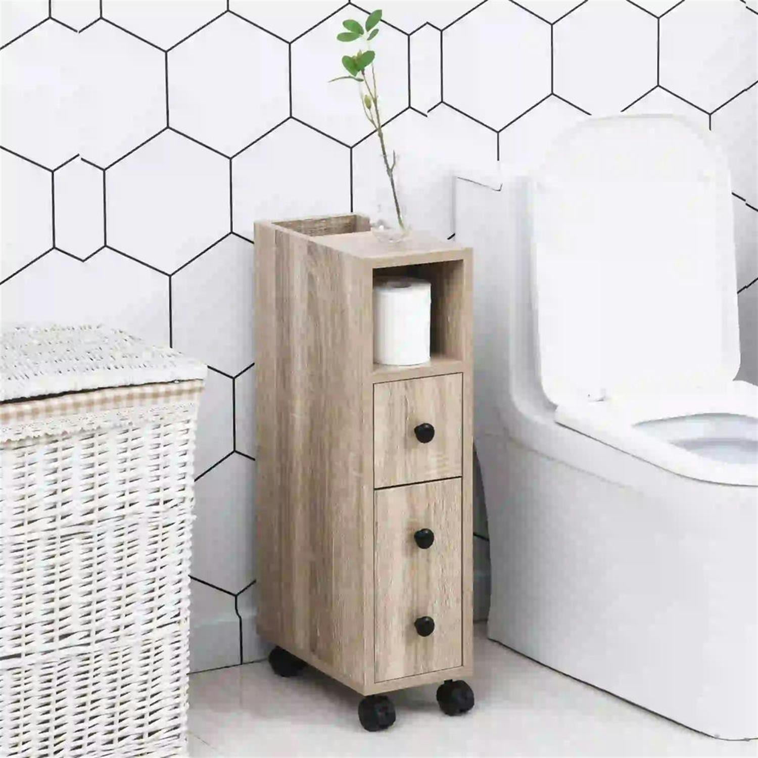 Demi Bonn 27" Rolling Narrow Bathroom Side Storage Cabinet with 4 Rolling Wheels and Drawer, Bathroom Storage Cabinet for Small Spaces, Brown