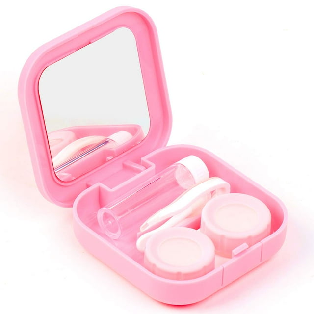 Portable Contact Lens Case Travel Kit Mirror +bottle + tweezers Container Holder (pink)