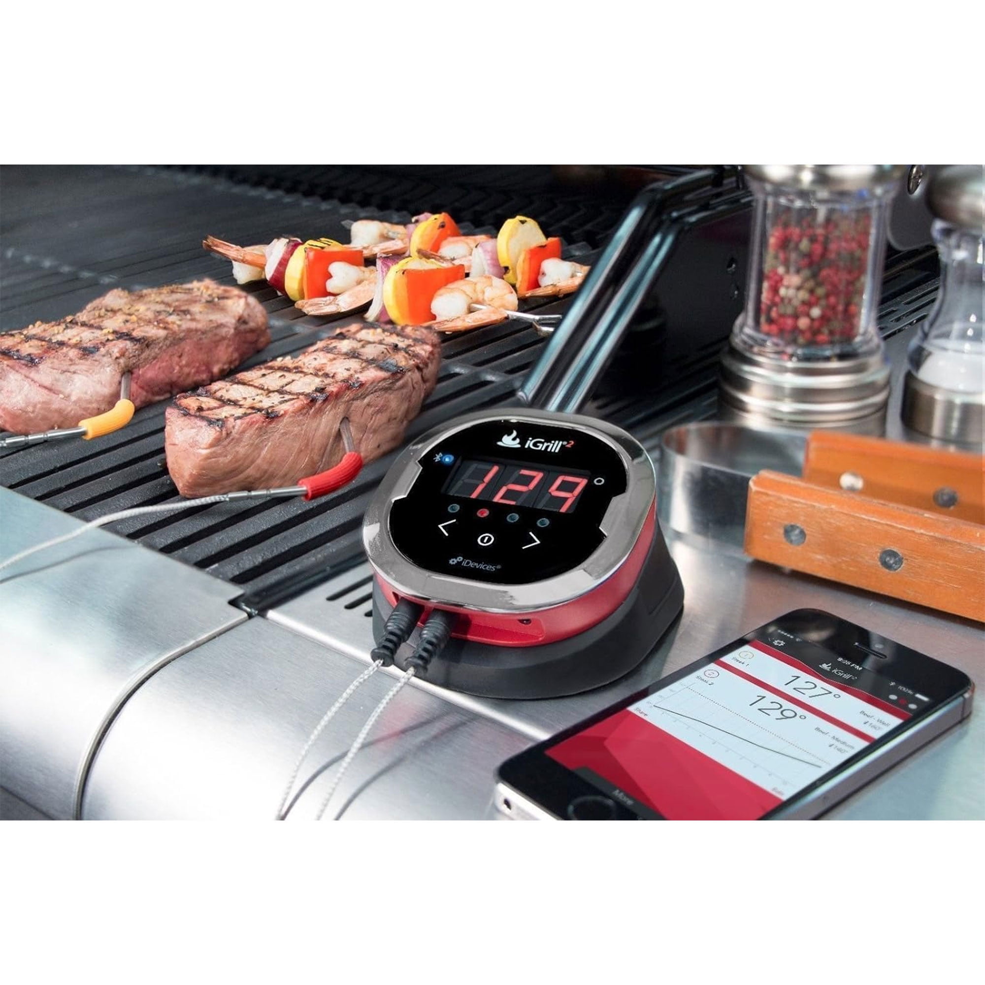 iDevices iGrill 2 Bluetooth Smart Meat Thermometer w/2 Color-Coded Meat  Probes, 200-Hour Battery Life, Illuminated Display and LED Temperature  Readout