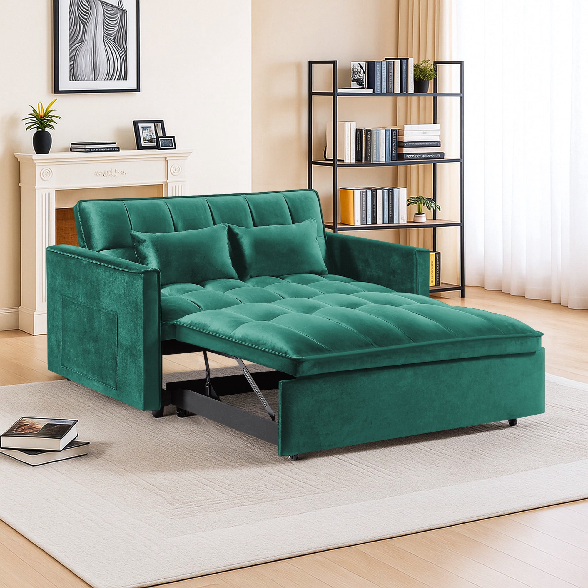 Hommoo 3 in 1 Convertible Pull Out Futon Sofa Bed, Loveseat Sleeper Sofa, Green