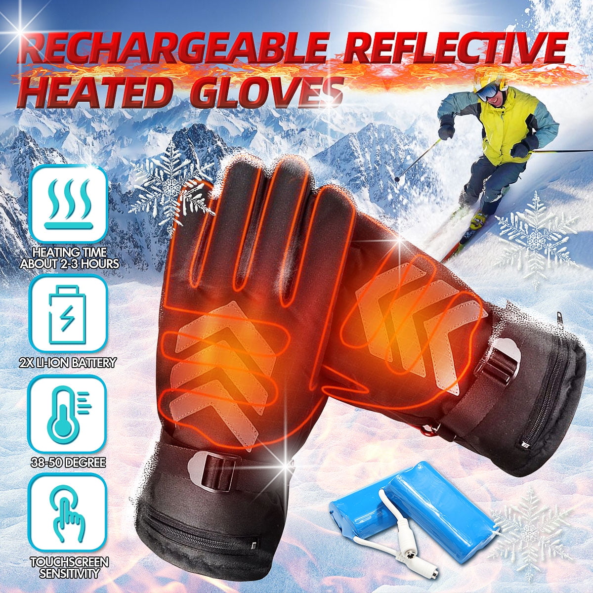 Men/'s Battery Powered Touch Screen Winter Hand Warm Heated Gloves Touch Screen