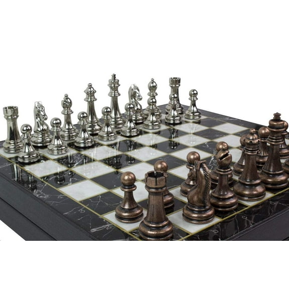 14 Inches Chess Set - Chrome Plated Boxed Wooden Chess Board and Metal Chess Figures Set