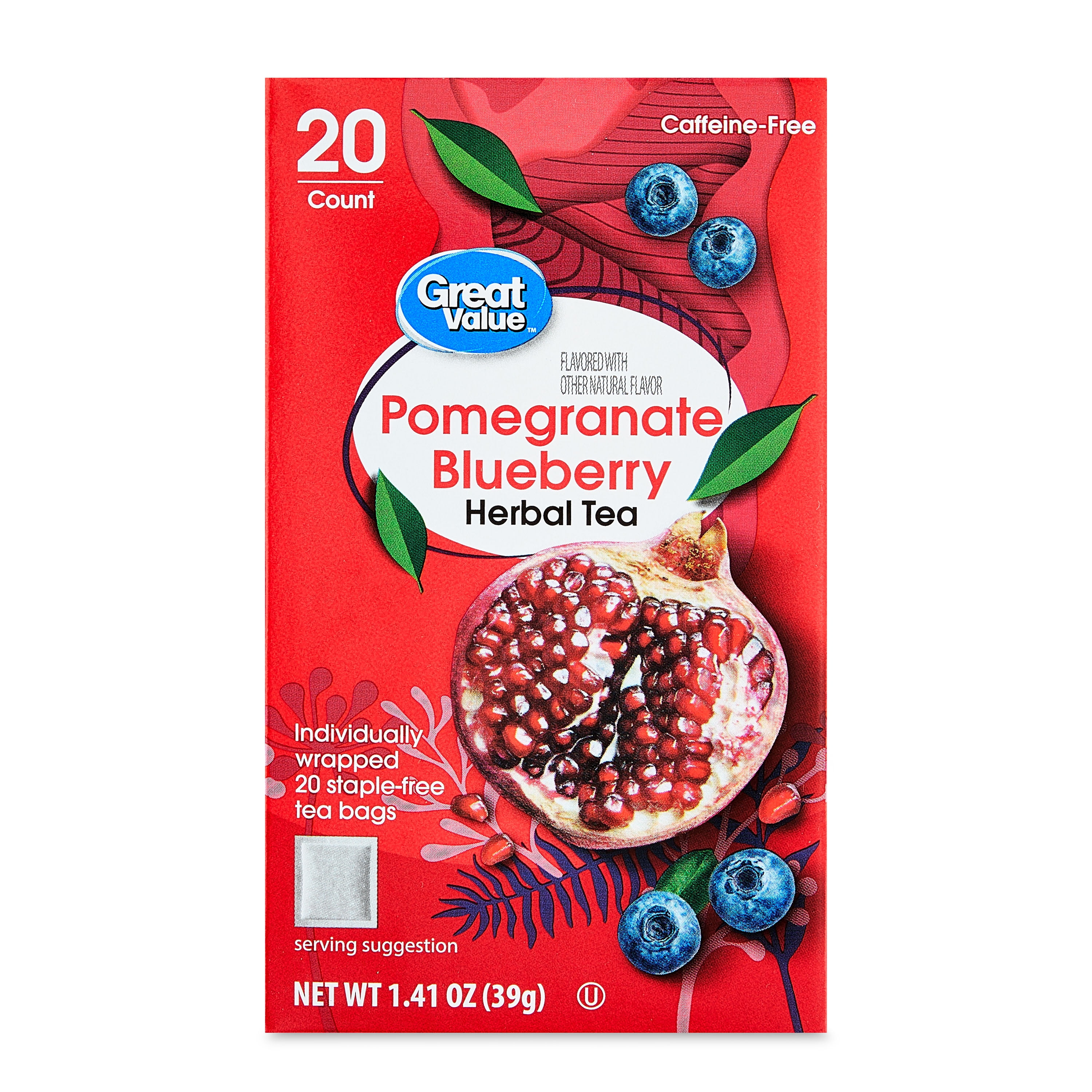(4 pack) Great Value Pomegranate Blueberry Herbal Tea, 1.41 oz, 20 Count