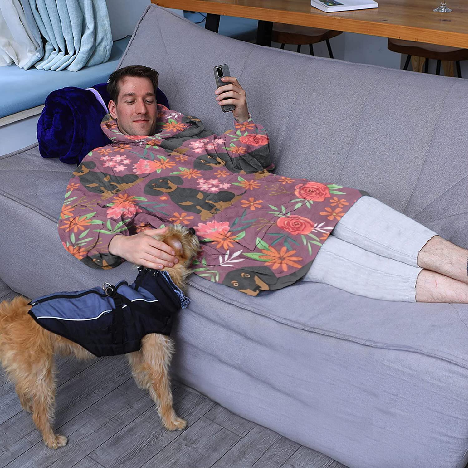 Dachshund Dog and Flower Floral Wearable Oversized Blanket,Wearable Blanket Hoodie for Adults,Cozy Hooded Blankets with Super Pockets,Super Warm Fuzzy Pullover for Women & Men