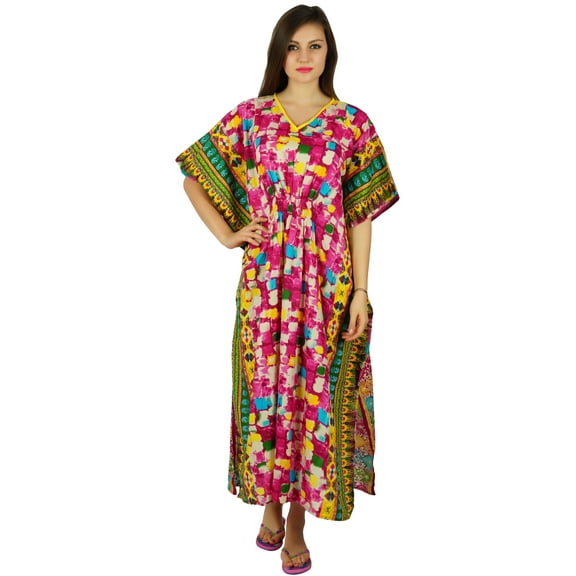 Bimba Womens Cotton Kaftan Long Maxi Printed Caftan Smocked Waist Night Wear