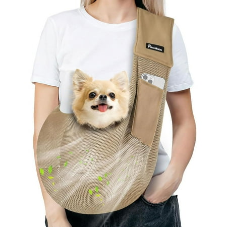 Pawaboo Cat and Dog Carrier Sling  Breathable Mesh Dog Sling Carrier Bear Up to 14lbs  Widened Strap Dog Purse for Cat & Puppy  Hand-Free Dog Pouch Carrier Built-in Safety Leash  Khaki