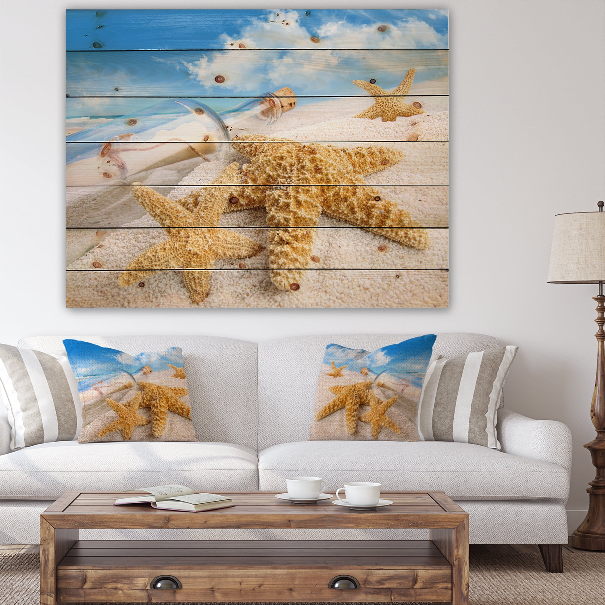 Designart 'Message in Bottle Buried in Sand' Seashore Photo Print on Natural Pine Wood