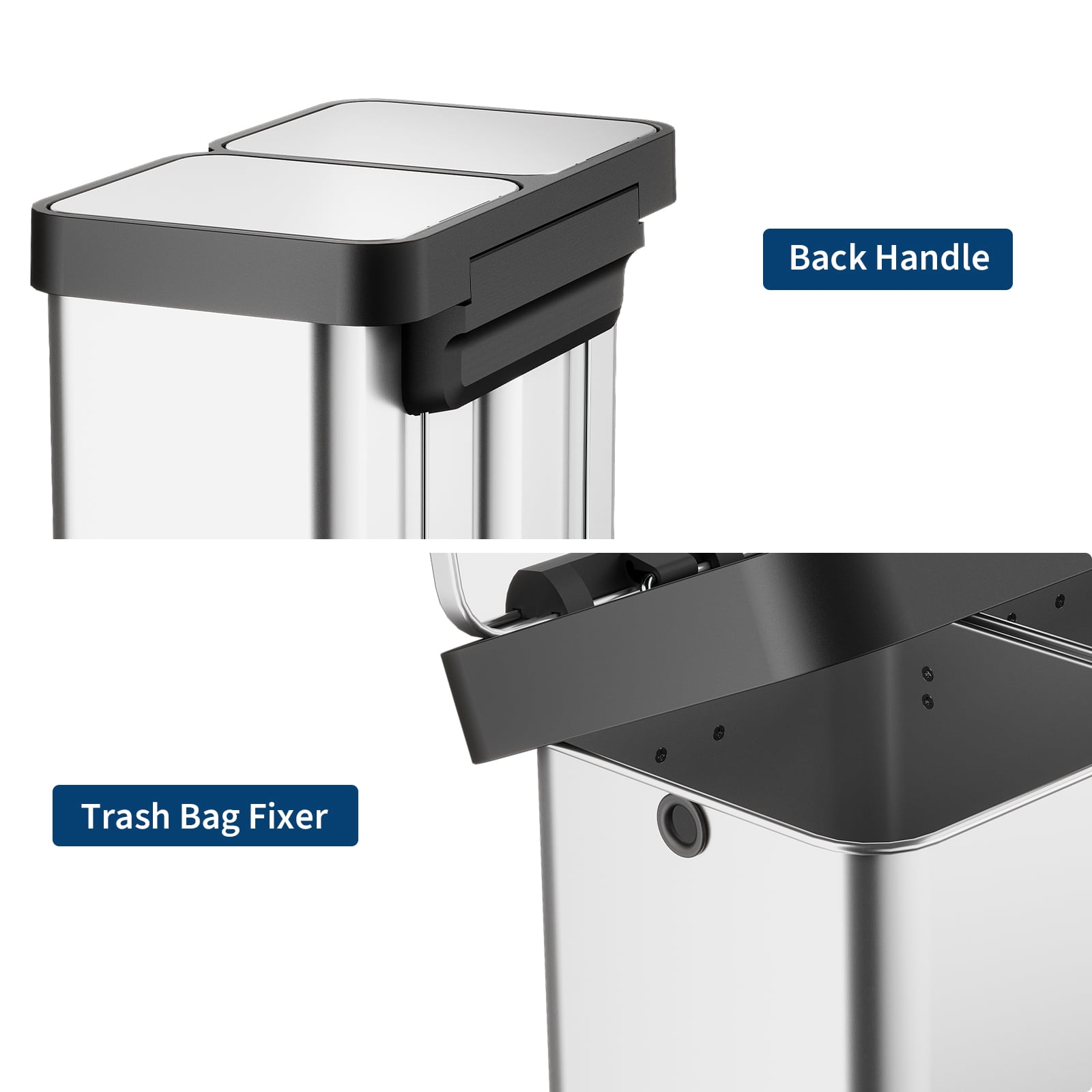16 Gallon Trash Can with 2 Lids,Dual Compartment (2x30L) Stainless Steel Garbage Can,Fingerprint Resistant,Hands-Free Pedal,Step-On Garbage Can for Home, Office, or Kitchen(No Inner)