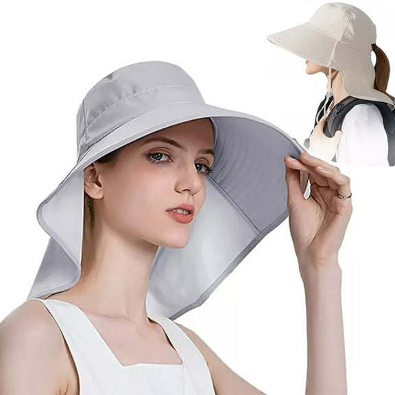 Women's Sun Hat, UPF 50  Wide Brim Safari Hat with Ponytail & Neck Flap Outdoor UV Protection, Gray