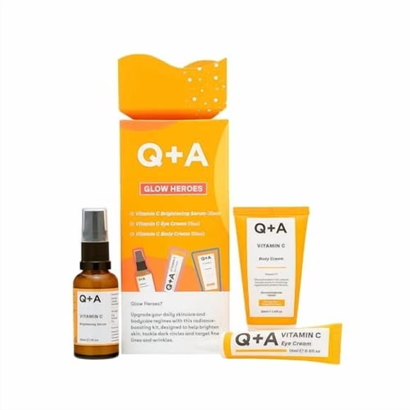 Set de regalo para el cuidado de la piel Q+A Glow Heroes - Un trío con suero de vitamina C 30 ml Crema para ojos 15 ml y crema corporal 50 ml - Rejuvenecedor - Vegano y sin crueldad Fabricado en el Re