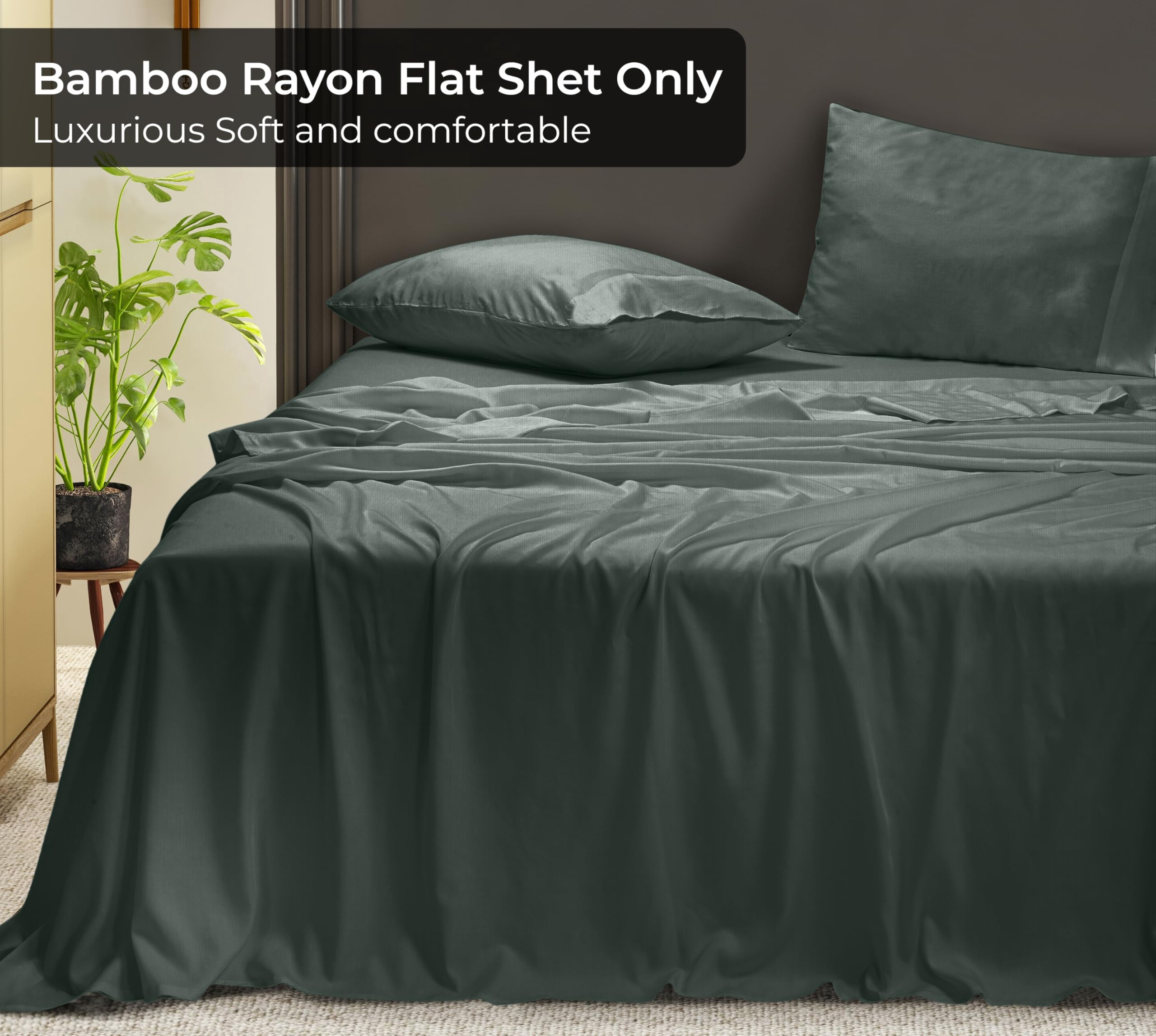 Royale Linens Bamboo Queen Flat Sheets Only - Cooling Sheets - Organic Viscose Derived from Bamboo - Queen Size Flat Sheet Only - Top Sheet - Breathable & Silky Bedding (Queen, Grey)
