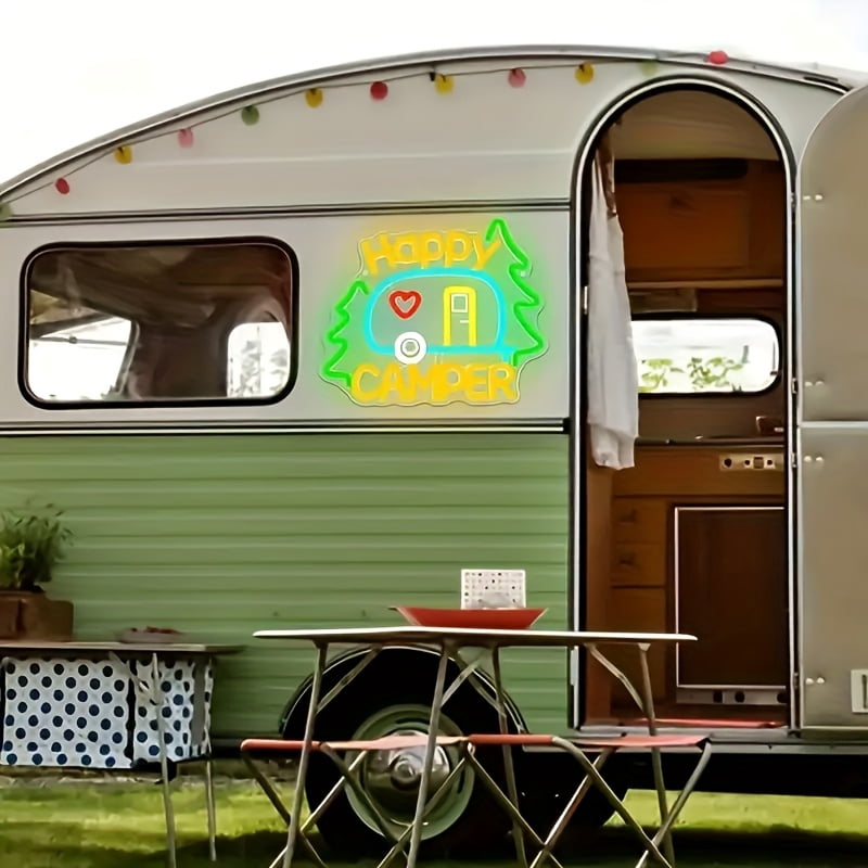 Happy Camper Neon Sign - USB-Powered LED Wall Decor With RV & Camping Elements, Multi-Color Lighting Display For Campsites, Gifts, And Camping Enthusiasts, Perfect For RVs And Camping Sites