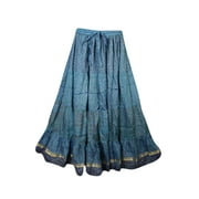 Mogul Womens Tiered Long Maxi Skirt Blue Ethnic Indian Silk Sari Skirts