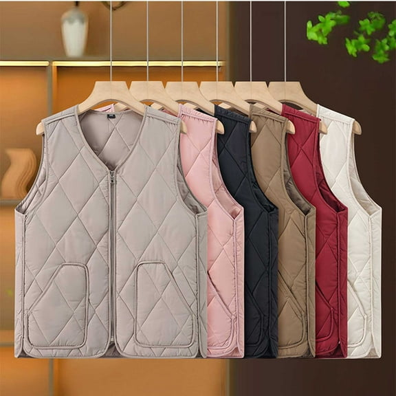 Bovxnpu Winter Coats for Women, Women's Oversized Puffer Vest Lightweight Solid Color Sleeveless V Neck Zip Up Pocketed Lining Tank Top Warm Winter Clothing