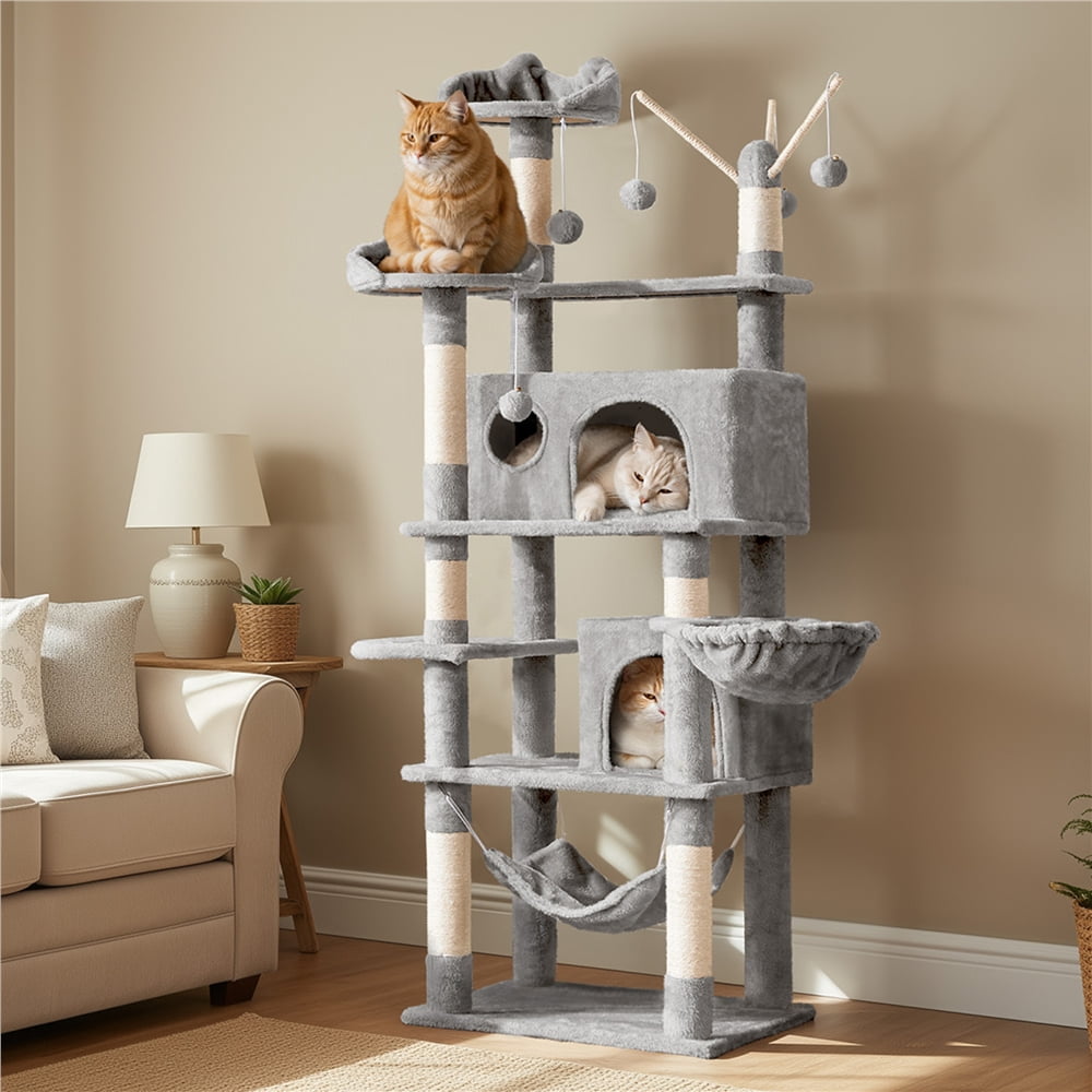 Yaheetech 67.1" H Large Cat Tree with 2 Big Condos and 1 Basket, Light Gray