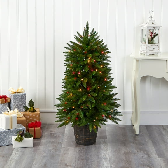 Nearly Natural 5' Fir Artificial Christmas Tree with 200 Multicolored Lights in Decorative Container