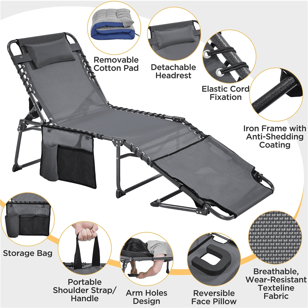 Renwick Outdoor Folding Tanning Chair with Removable Padded Cushion, Gray
