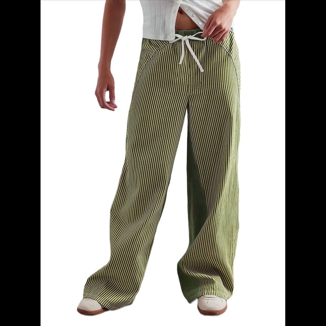 Pantalones de Rayas de Tiro Bajo para Mujer, Estilo Bohemio, con Cordón Ajustable y Pernera . Verde S