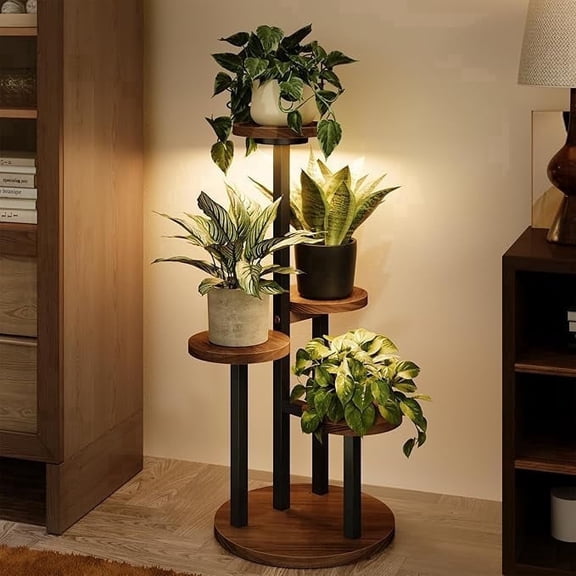 Bamworld Corner Plant Stand Indoor with light,4 Tier Metal Plant Shelf for Multiple Plants, Tiered Small Round Flower Stand for Patio Garden Balcony Living Room Bedroom