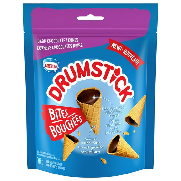 DRUMSTICK BITES, Decadent dark chocolatey bite-sized mini wafer cones, The last bite from Canada's favourite cone, 76 g