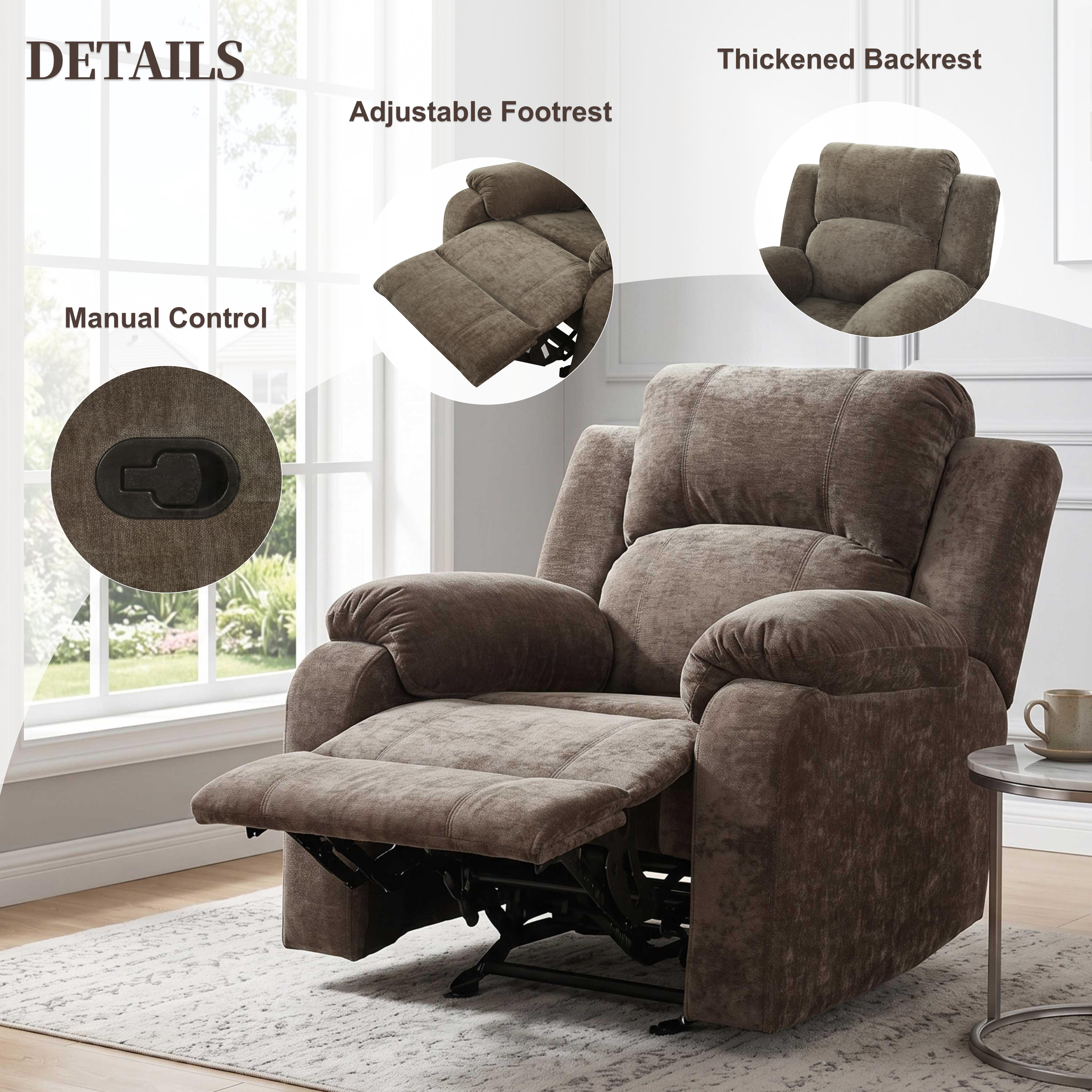 TiramisuBest Manual Recliner Chair,Chenille Upholstered Adjustable Lounge Armchair for Living Room,Brown